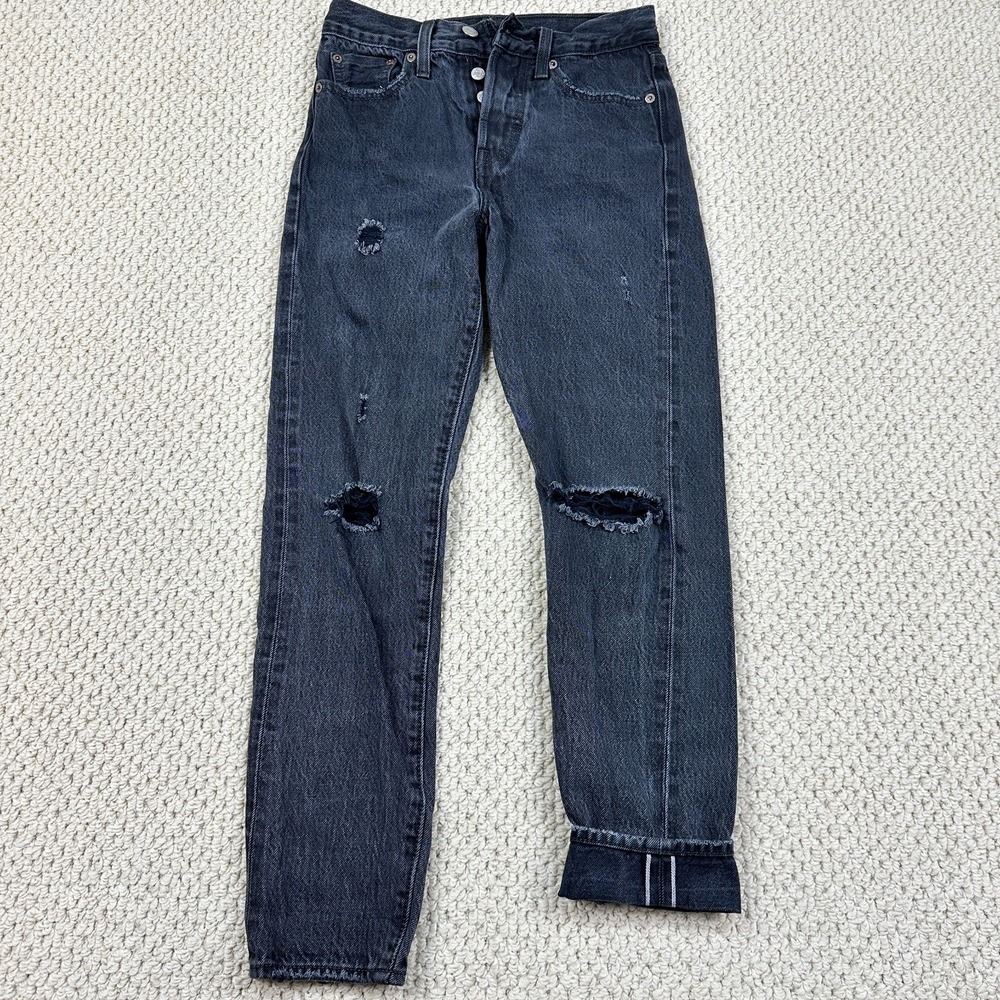 Levis 501 Jeans Womens 24x27 Black Selvedge Denim Ankle Skinny Leg Distressed